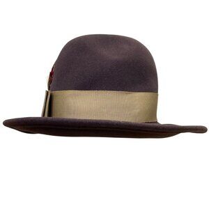 Adolfo Realites Purple Wool Fedora Hat With Beige Ribbon Bow Feather Accent